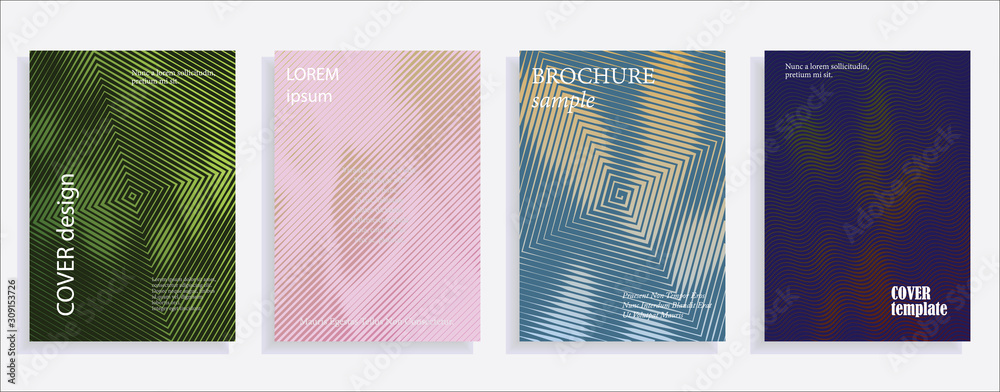 Minimalistic cover design templates. Set of layouts for covers of books, albums, notebooks, reports, magazines. Line halftone gradient effect, flat modern abstract design. Geometric mock-up texture