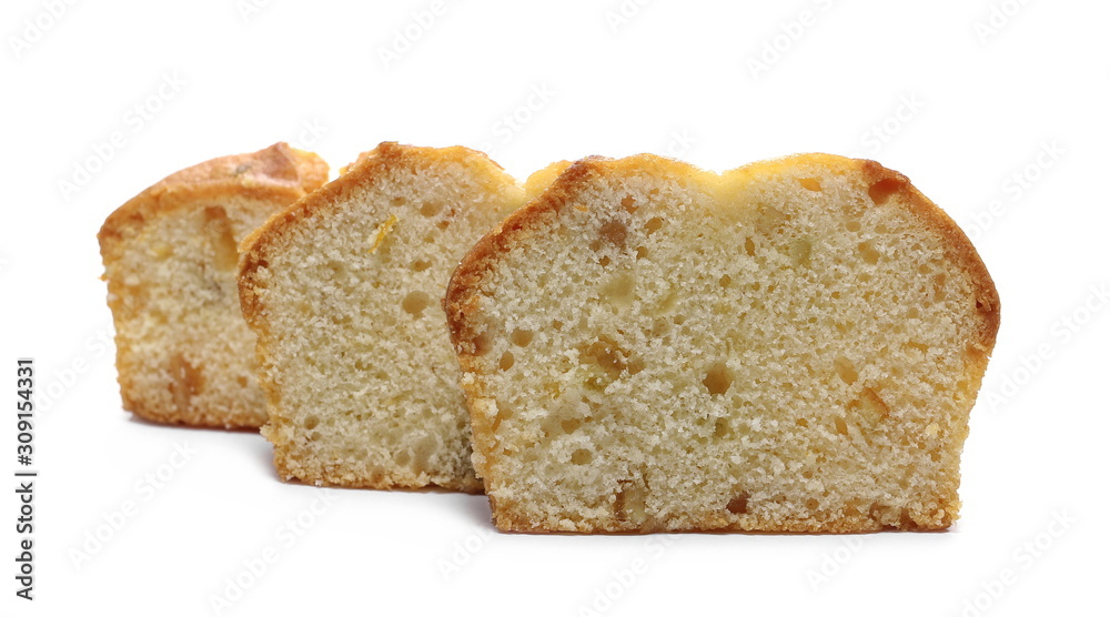 Fruit cake slices isolated on white background