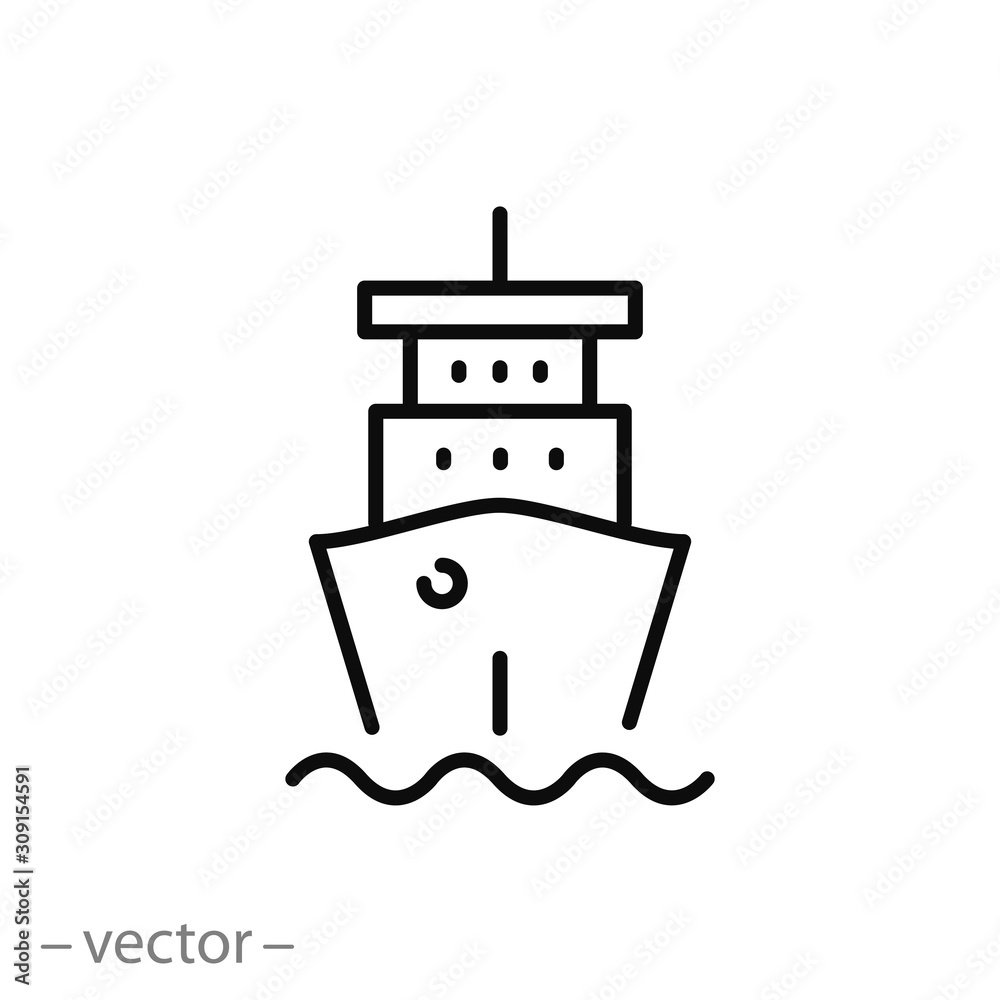 ship icon, cruise on marine vessel, sea journey, silhouette boat, thin line web symbol on white background - editable stroke vector illustration eps10