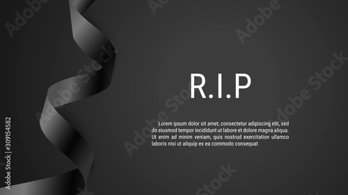 Mourning symbol with Black Respect ribbon on dark background. RIP Funeral card. Vector elegance Illustration