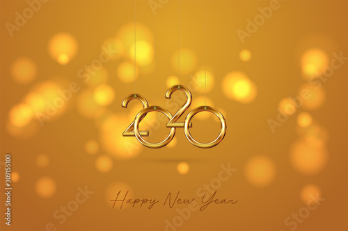 Happy New Year Background with Gold 2020 Lettering and Bokeh Lights Design. Vector Illustration