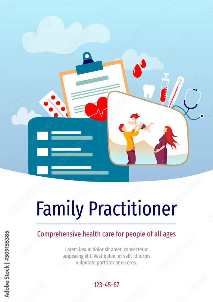 Flyer, banner, poster, brochure design with family and medical elements. Family doctor, practitioner, medicine clinic, healthy care concept. Vector illustration in a flat style. Flyer, banner, poster, brochure design with family and medical elements. Family doctor, practitioner, medicine clinic, healthy care concept. Vector illustration in a flat style.