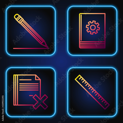 Set line Ruler, Delete file document, Pencil with eraser and line and User manual. Gradient color icons. Vector