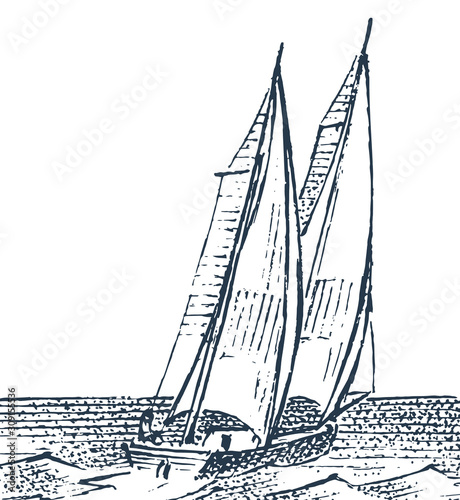 Seascape with a sailboat. Nautical ship at sea. Engraved illustration of a hand drawn sketch in vintage retro style.