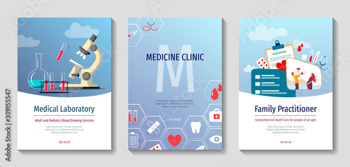 Set of flyers, posters, banners, brochure design templates. Laboratory diagnostics, blood analysis, Family doctor, Medicine clinic and health care services concept.