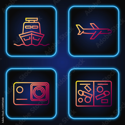 Set line Passport pages with visa stamps, Action extreme camera, Ship and Plane. Gradient color icons. Vector