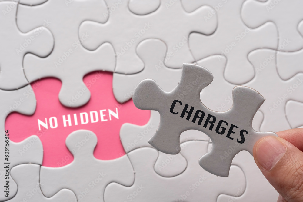 Hand hold piece of puzzle written CHARGES revealing word NO HIDDEN. Hand hold piece of puzzle written CHARGES revealing word NO HIDDEN.