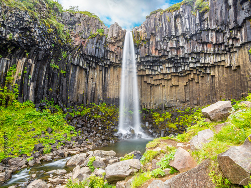 View on Svartifoss waterfall with impressive basalt stone formation on Iceland in summer