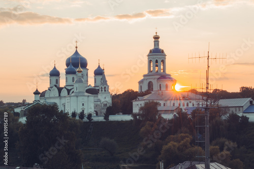 old christian church at sunset in Russia. Свято-Боголюбский женский монастырь