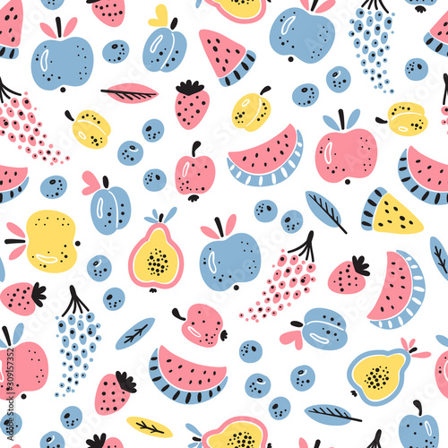 Cartoon Berries and Fruits Vector Seamless Pattern. Colorful Fruit Wallpaper. Healthy Summer Food Background