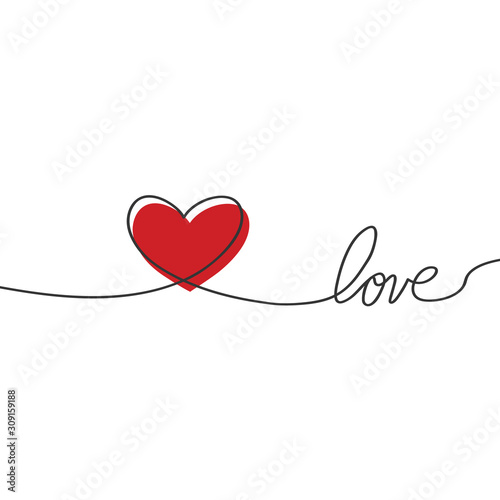 Heart in continuous drawing lines and glitch red heart in a flat style in continuous drawing lines. Continuous black line. The work of flat design. Symbol of love and tenderness. Valentines day