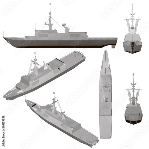 Set with a warship isolated on a white background. Ship with weapons from different positions. 3D. Vector illustration