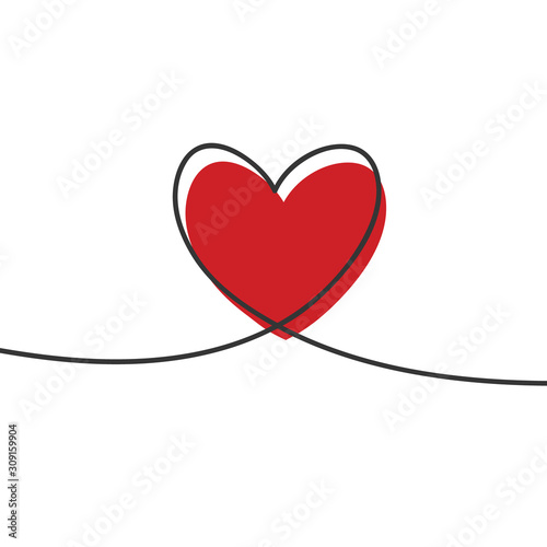 Heart in continuous drawing lines and glitch red heart in a flat style in continuous drawing lines. Continuous black line. The work of flat design. Symbol of love and tenderness. Valentines day