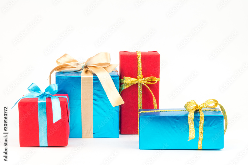 Gift boxes with ribbons and christmas decor isolated on white background. Happy birthday colorful gifts Gift boxes with ribbons and christmas decor isolated on white background. Happy birthday colorful gifts