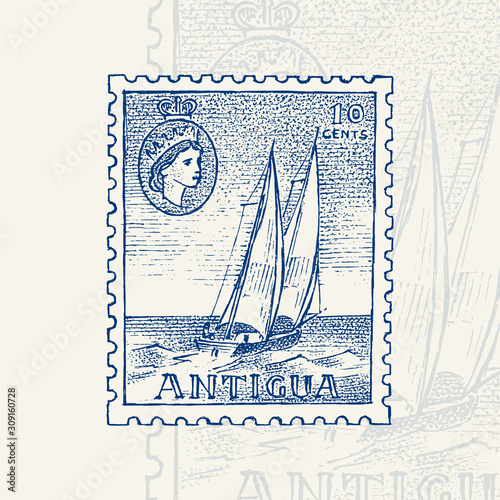 Vintage Postage stamp for album. Seascape with a sailboat. Retro old Sketch. Monochrome Postcard sticker. Hand drawn engraved retro mark, travel label. Decoration Element for print banner and logo.