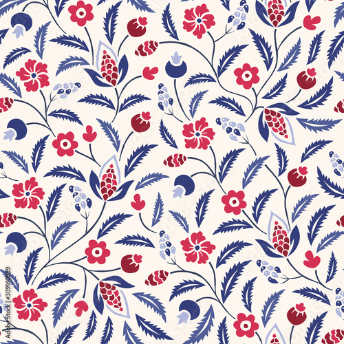 Blue and Red Traditional Chintz Floral Vector Seamless Pattern. Classic Background