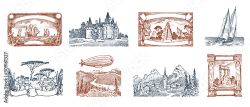 Vintage Postage stamps. Ancient landscapes, dragon and sailing ship. Retro old Sketch. Monochrome Postcard. Hand drawn engraved retro mark, frames collection for print banner, poster and logo