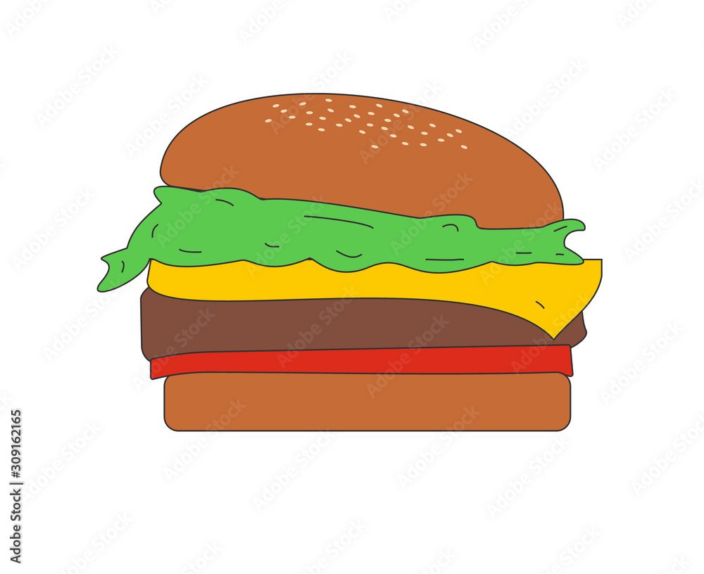 Hamburger with lettuce, cheese and tomato between bread in color vector isolated for logo, sign, apps or website Hamburger with lettuce, cheese and tomato between bread in color vector isolated for logo, sign, apps or website