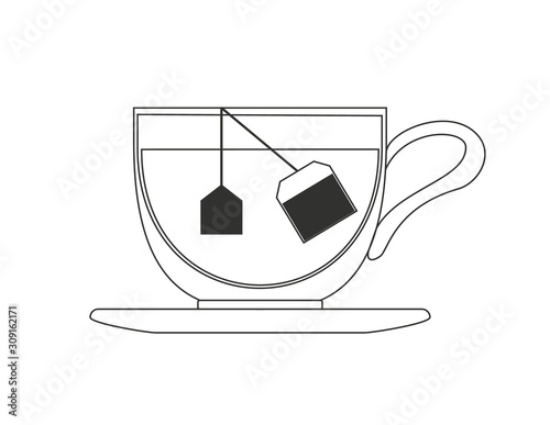 Glass tea cup with a little teabag in the water isolated vector in black and white for logo, sign, apps and website