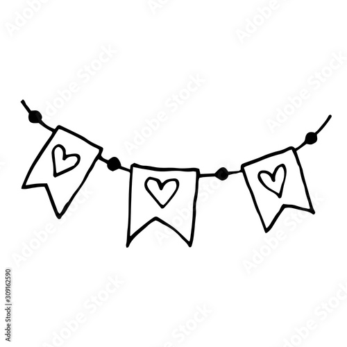 Party flags with hearts vector doodle illustration. Love. St. Valentine's Day. Sticker, icon.