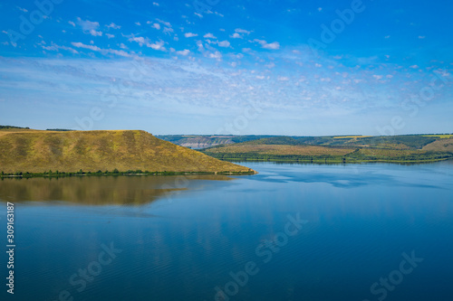 nature landscape wallpaper background scenic view photography in summer time peaceful lake water and green yellow hills horizon line clear blue sky