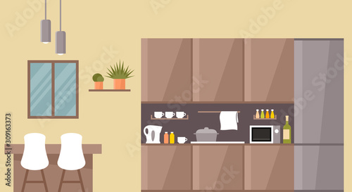 Kitchen interior. Dinner table.