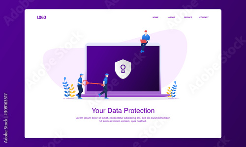 Illustration of two men carry the key to unlock data security on laptop . Modern flat design concept, landing page template.