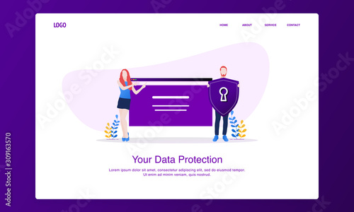 Illustration of men and women introduced shield security for website screen. Modern flat design concept, landing page template.