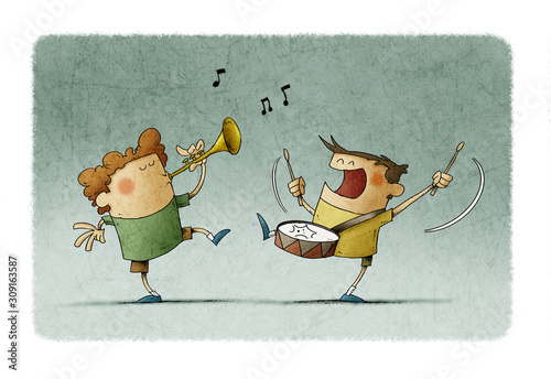 Children have fun making music, one plays the trumpet and the other a drum.