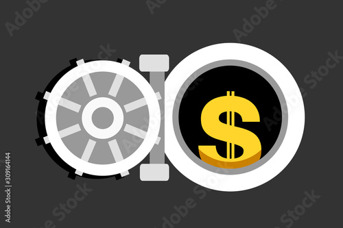 Strongbox, safe and strongroom with US dollar. American money and cash are protected and secured in bank. Vector illustration.