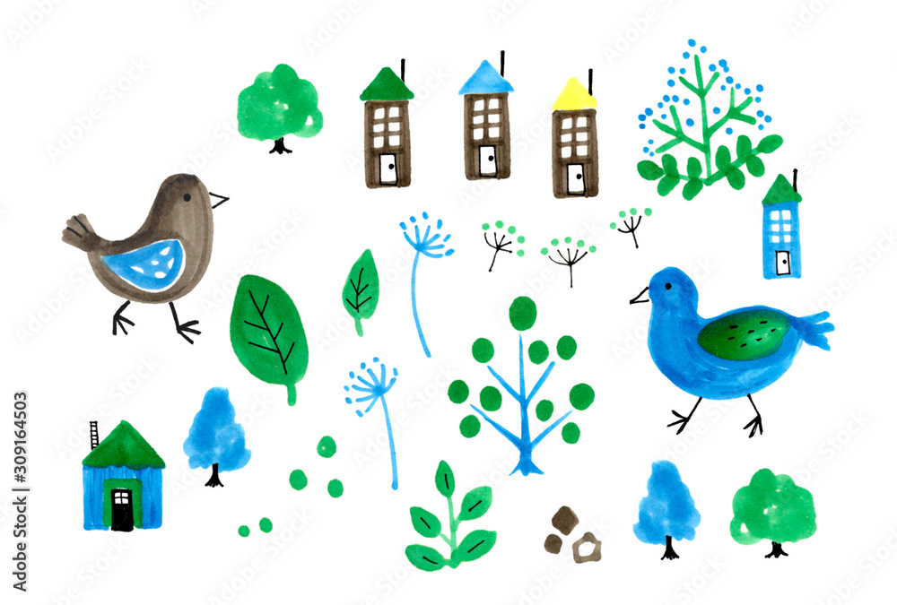 イラスト かわいい 小鳥 鳥 青い鳥 木 家 手書き イラスト 散歩 のんびり ほっこり ほのぼの ほんわか 絵本 手描き 白背景 イラストセット セット グラフィック素材 Stock Illustration Adobe Stock
