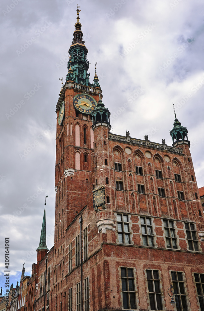 The renaissance town hall with clock tower of the Main City  in Gdansk in Poland..