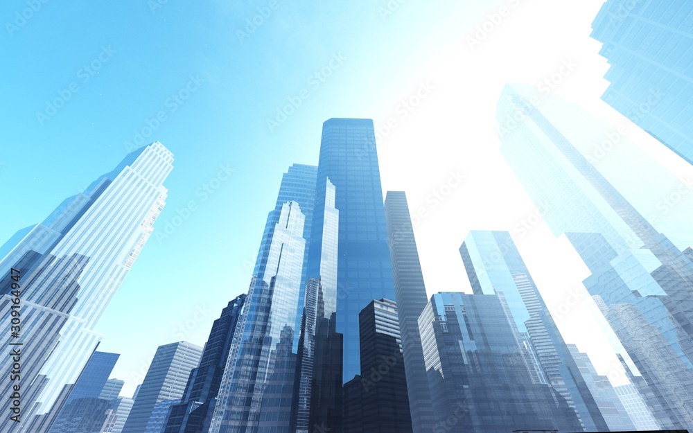 Skyscrapers against the sky, modern high-rise buildings, 3D rendering.