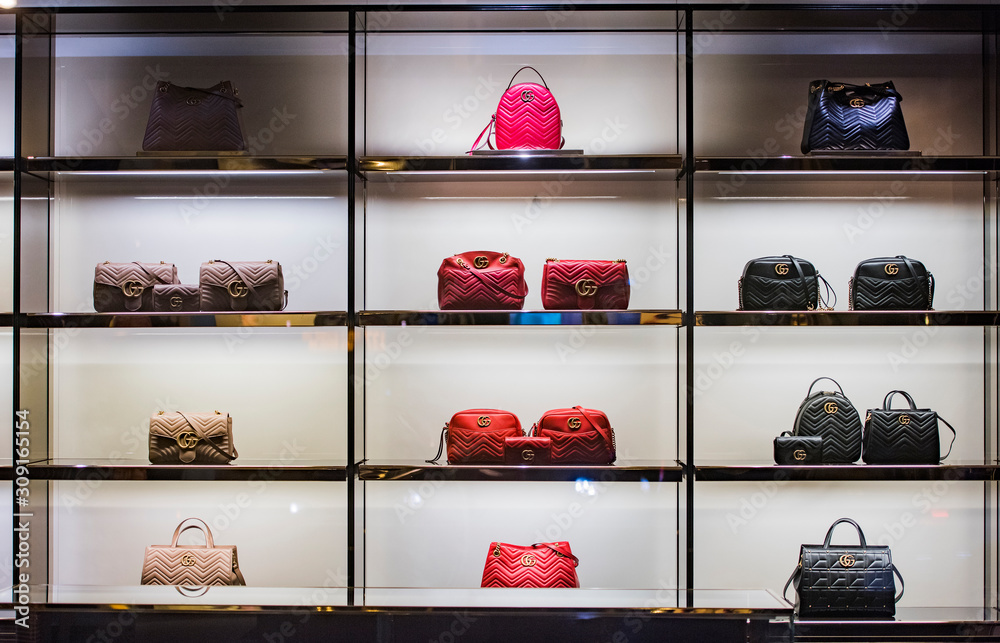 Bucharest, Romania - September 5, 2017: Gucci purses in a storefront in  Bucharest. Stock Photo | Adobe Stock
