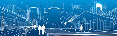 Outline industry and city panorama. Evening town urban scene. People walking at garden. Illuminated highway  Night shop. Power Plant in mountains. White lines on blue background. Vector design art