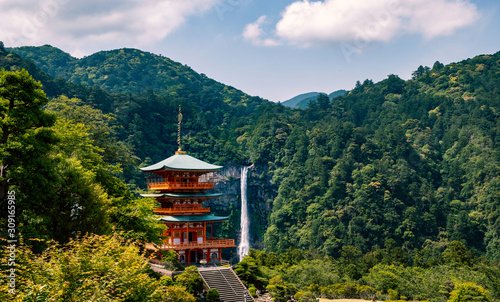 Pagoda of Seiganto-ji Temple and Nachi no Taki fall in Nachi Katsuura,Wakayama, Japan