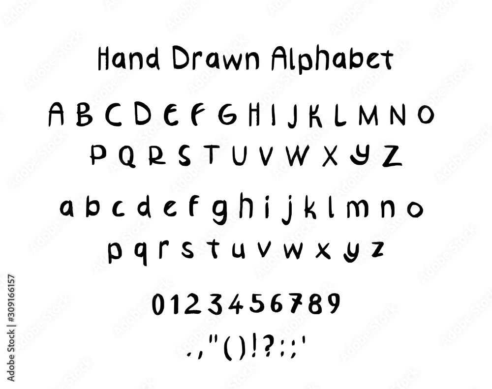 Hand drawn letters. Alphabet, punctuation marks, numerals on white background. Hand drawn letters. Alphabet, punctuation marks, numerals on white background.