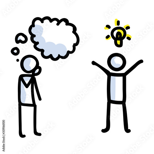 Hand Drawn Thinking Stick Figure with Idea. Concept of Inspiration Lightbulb Thought Expression. Simple Icon Motif for Brainstorming Speech Bubble Communication. Information Bujo Illustration. Vector.