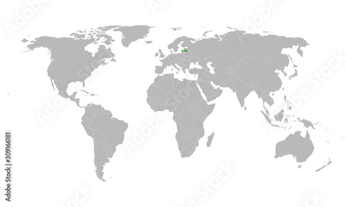 Latvia country map highlighted green on world map vector. Light gray background. Perfect for chart, presentation, education, backgrounds,backdrop, business concepts and wallpapers.