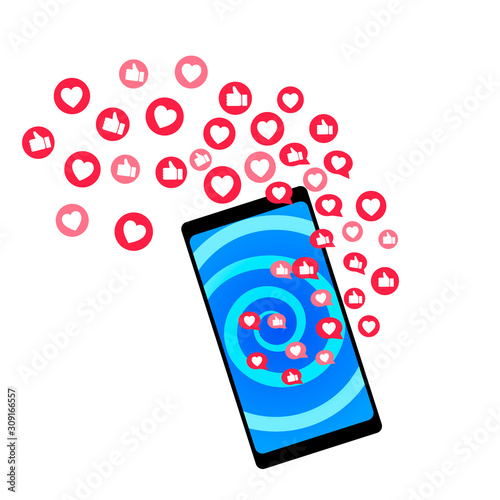 Influencer social media marketing concept with smartphone and like icons, isolated on white background vector illustration.
