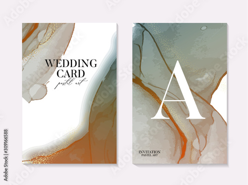 Vector soft green wedding card, contrast marble rust gold template, artistic covers design, colorful gradient texture, realistic card with soft liquid flow