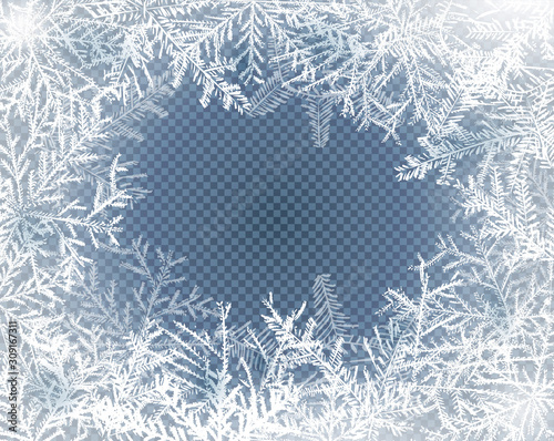 Frost glass pattern. Winter frame on transparent background. Vector christmas illustration