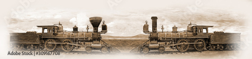 Simulated old photograph of the railway engines  meeting  at the Golden Spike after completion of  the transcontinental railroad 