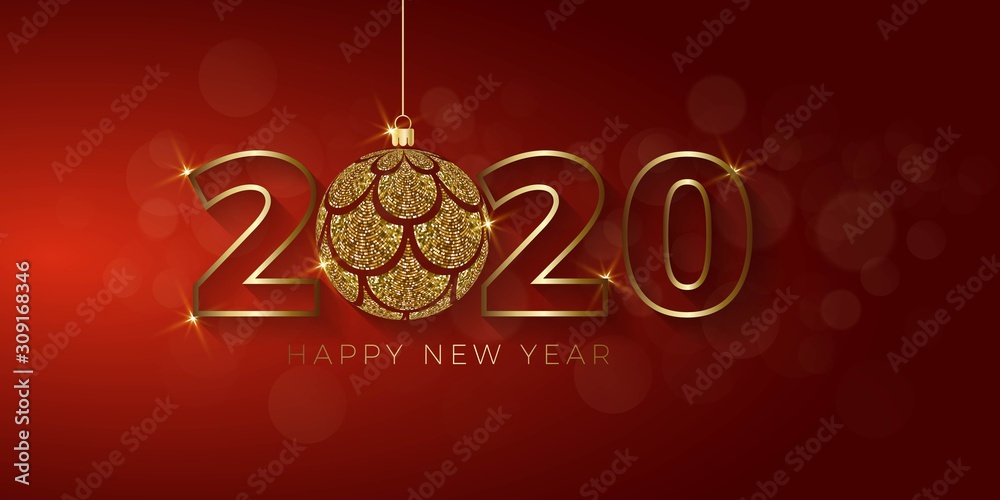 Happy New Year  2020 with Christmas ball and mermaid scales vector background  illustration