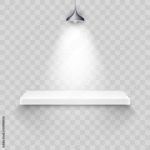 White Shelve Gallery Background for Showing Product. With Lamp, Light and Shadows.