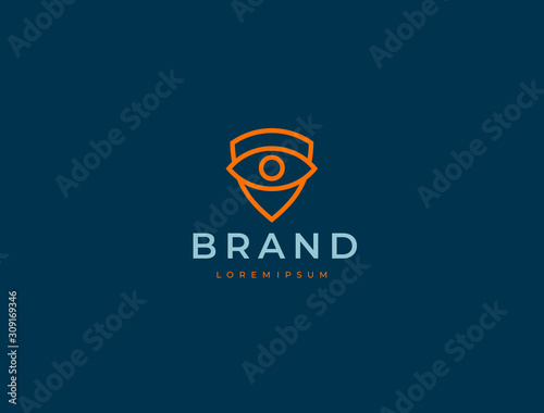 Eye and shield monitoring logo icon. Security, protection, guard, vision, defense, video monitoring symbol. Vector illustration.