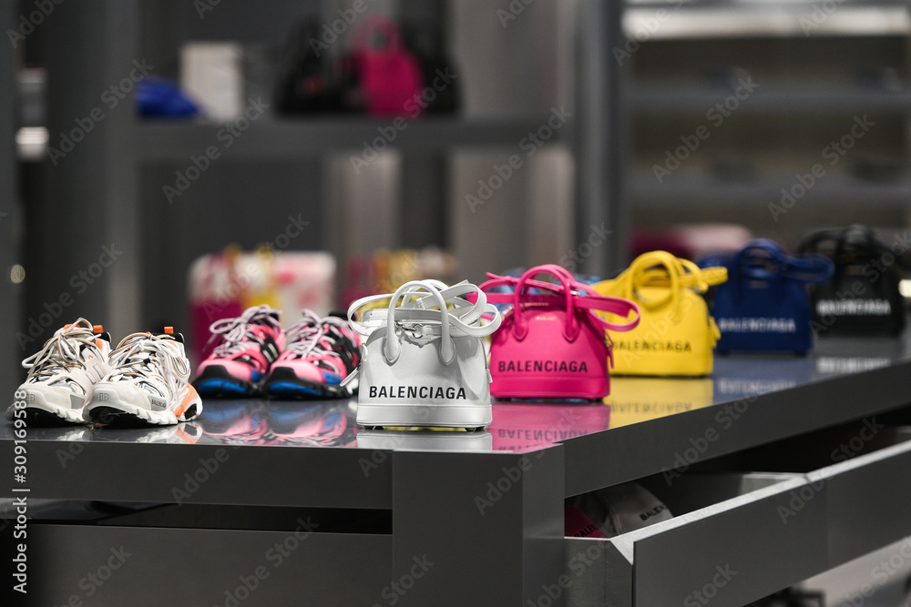 Paris, France - March 03, 2019: Balenciaga luxury purses in a store in Paris,  March 2019. Stock Photo | Adobe Stock
