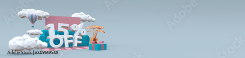 3D illustration banner in pastel colors with text: 15 fifteen percent off. Sale concept.