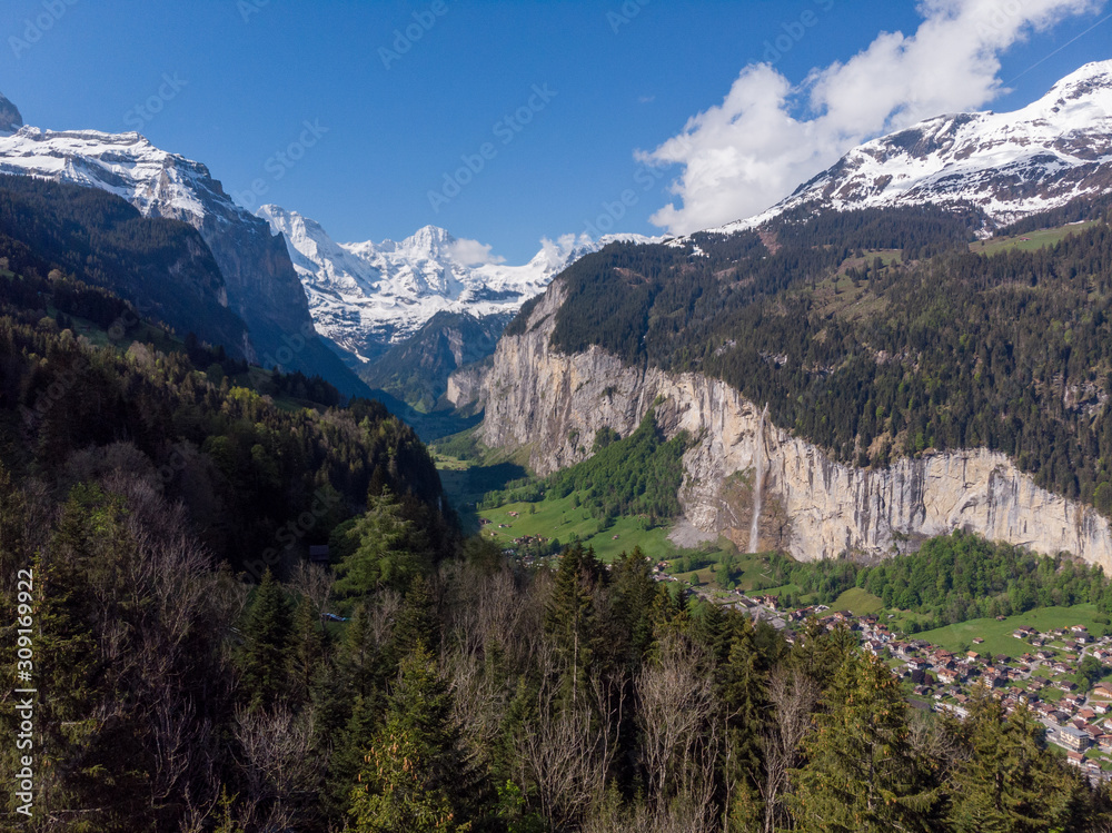 Panoramic view of Lauterbrunnen, the Staubbach fall and the Lauterbrunnen Wall.