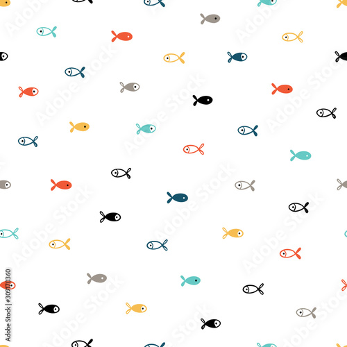Small Fishes Seamless Pattern. Background for Kids with Hand drawn Doodle Cute Fish. Cartoon Sea Animals Vector illustration in Scandinavian style 